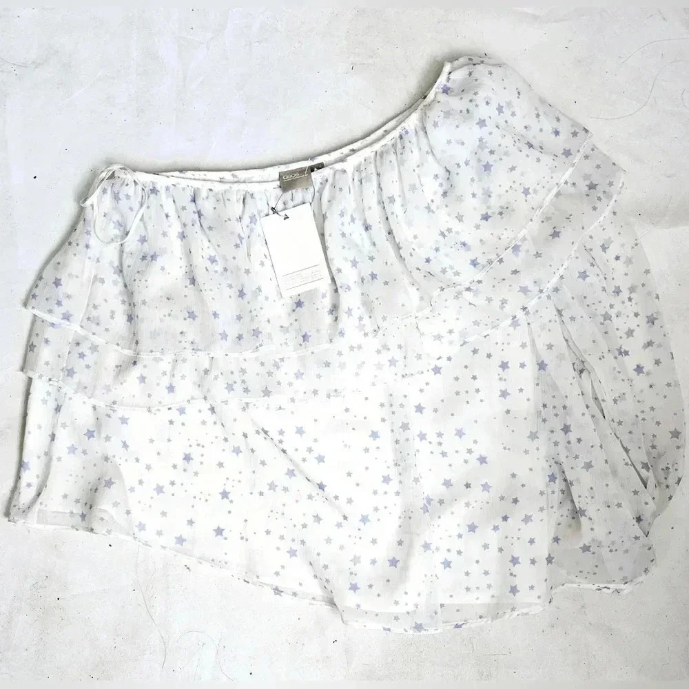 Asos frilled off shoulder puffy sleeve white & Blue Stars Beachy Boho blo…